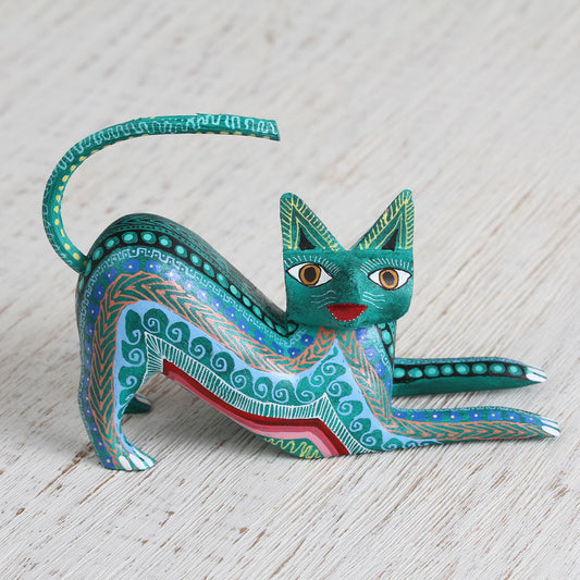 Cat Stretch Wood Alebrije Figurine Cat in Green from Mexico