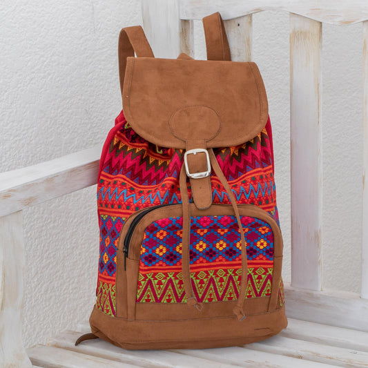 Flowers of Comalapa Zigzag Motif Handwoven Cotton Backpack from Guatemala