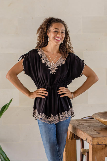 Floral Flirt in Onyx Floral Embroidered Rayon Blouse in Onyx from Bali