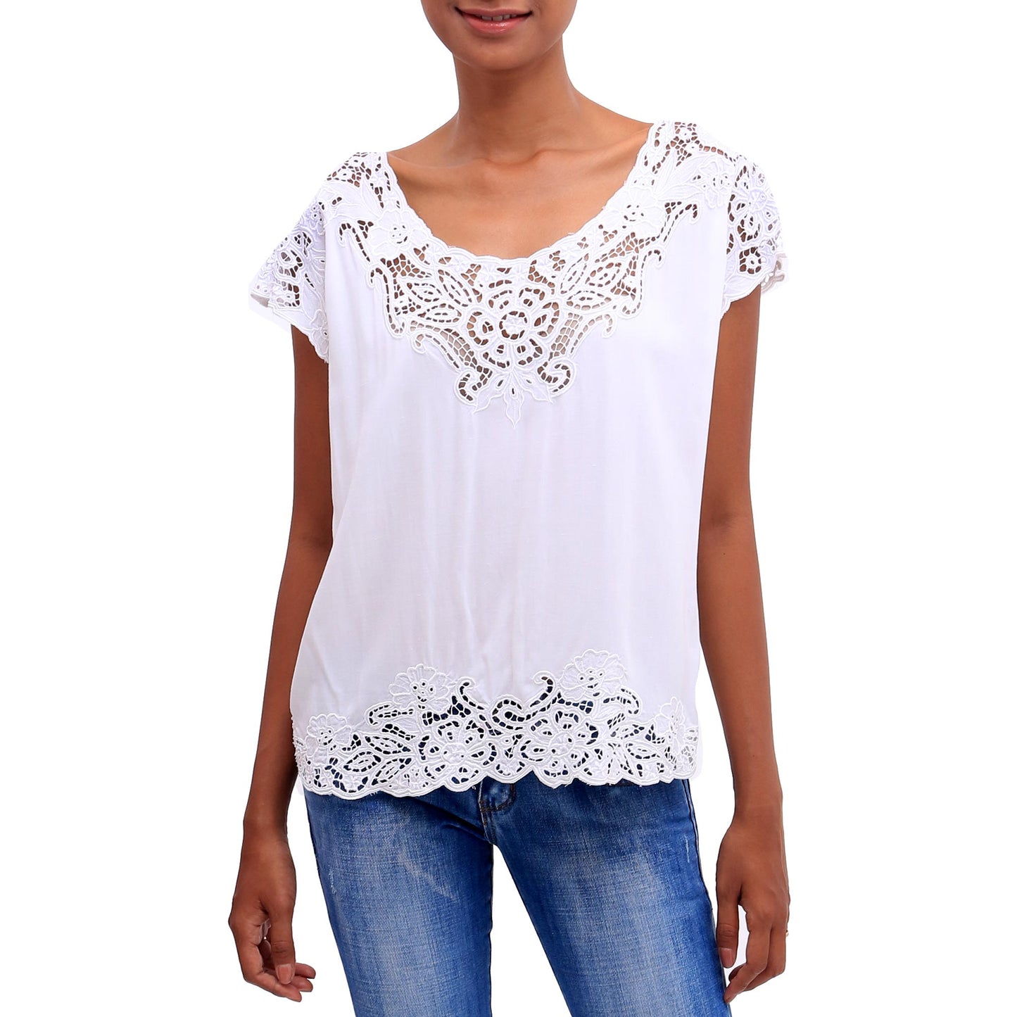 White Kusuma Floral Embroidered Rayon Blouse in White from Bali