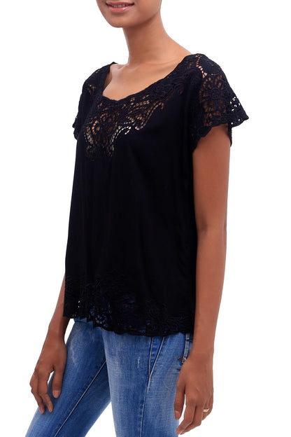 Onyx Kusuma Floral Embroidered Rayon Blouse in Onyx from Bali