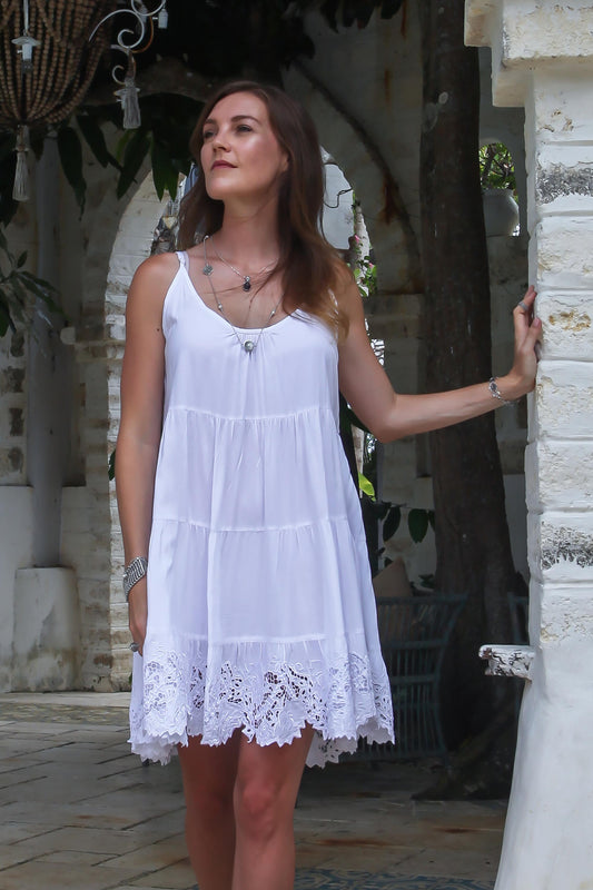 Snow White Dewi Embroidered Rayon Sundress in Snow White from Bali