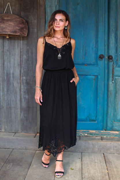 Juwita Style Hand-Embroidered Rayon Midi Skirt in Onyx from Bali