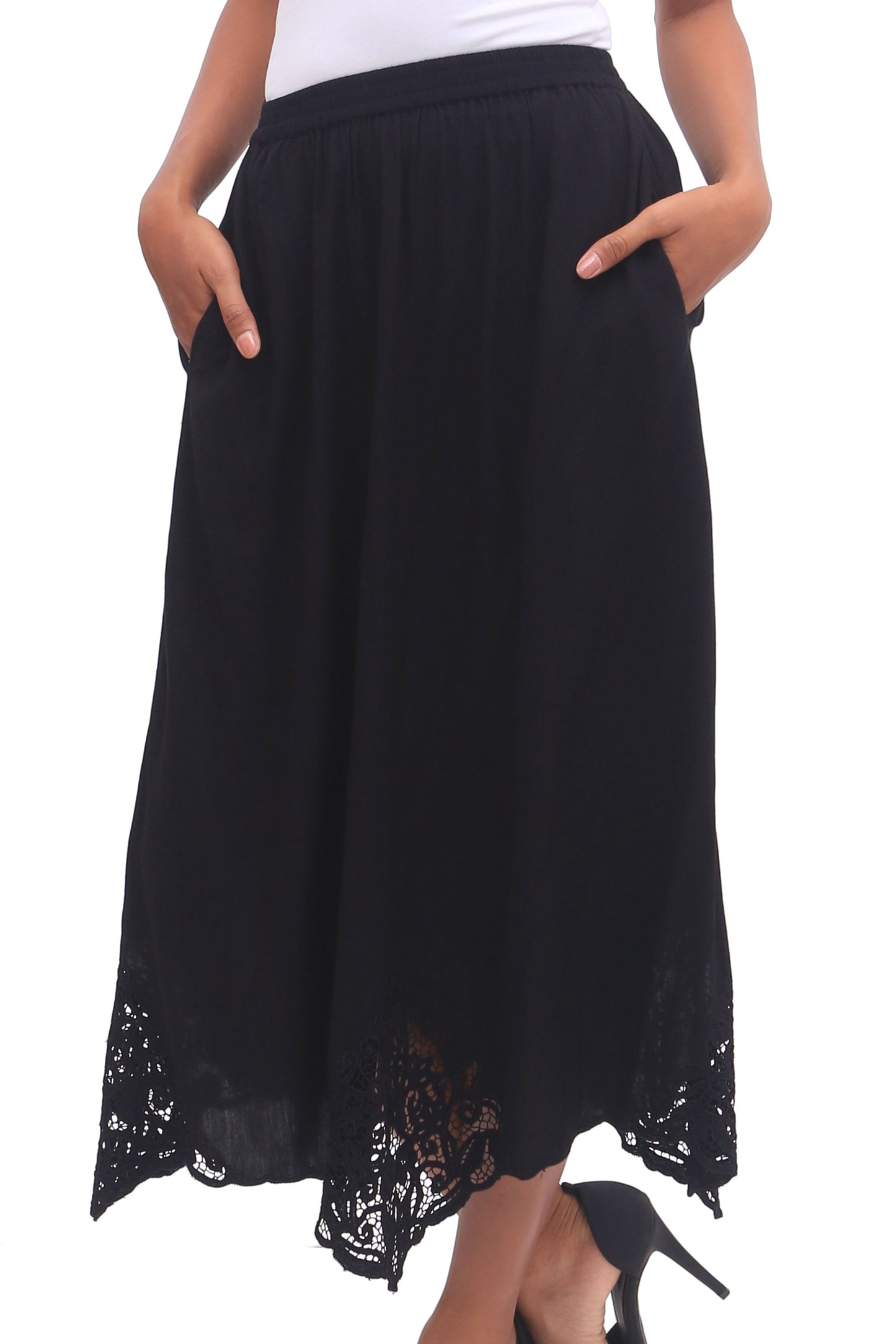 Juwita Style Hand-Embroidered Rayon Midi Skirt in Onyx from Bali