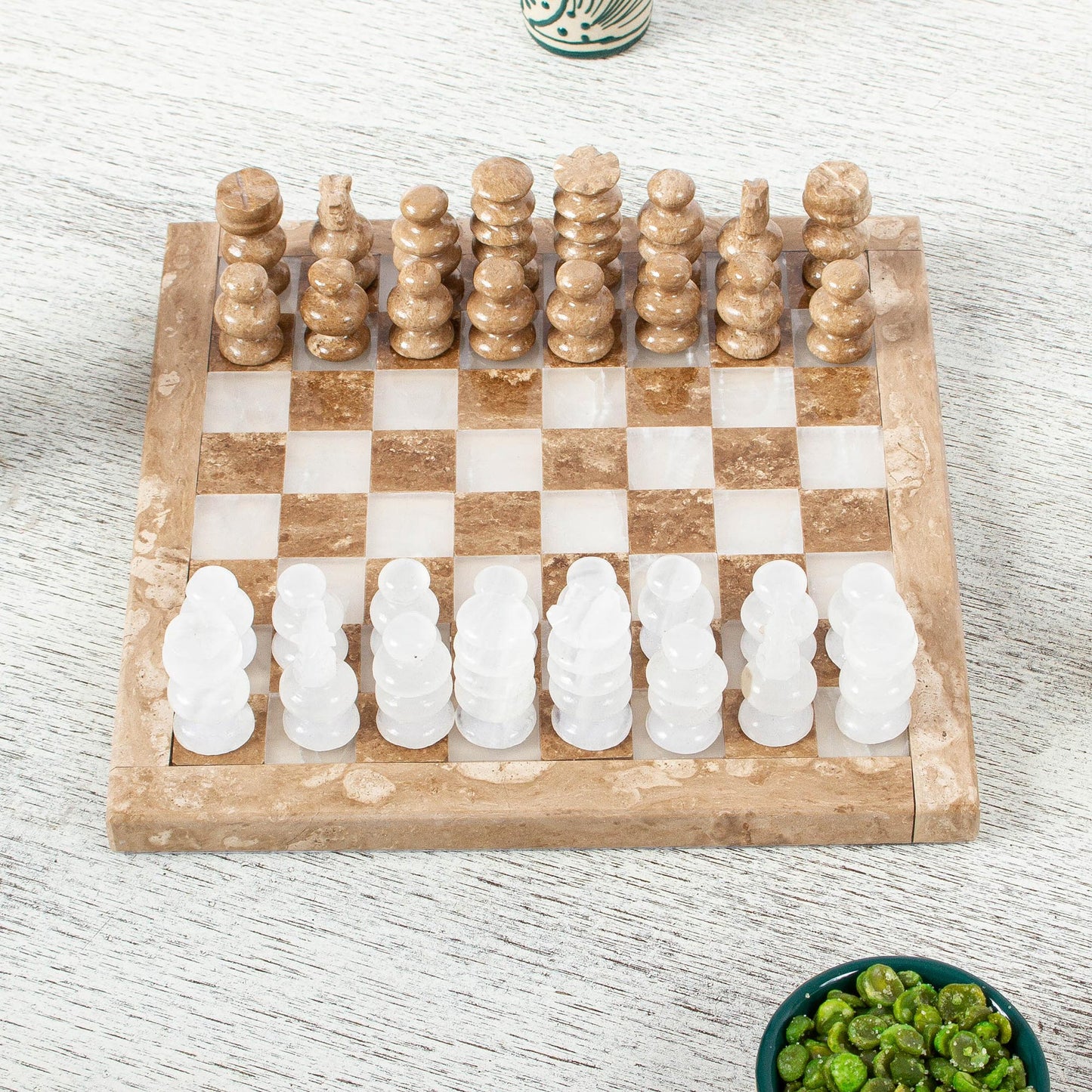 Brown and White Challenge Onyx and Marble Chess Set in Brown and White (7.5 in.)