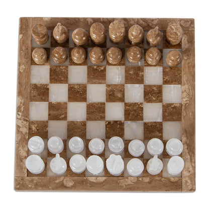 Brown and White Challenge Onyx and Marble Chess Set in Brown and White (7.5 in.)