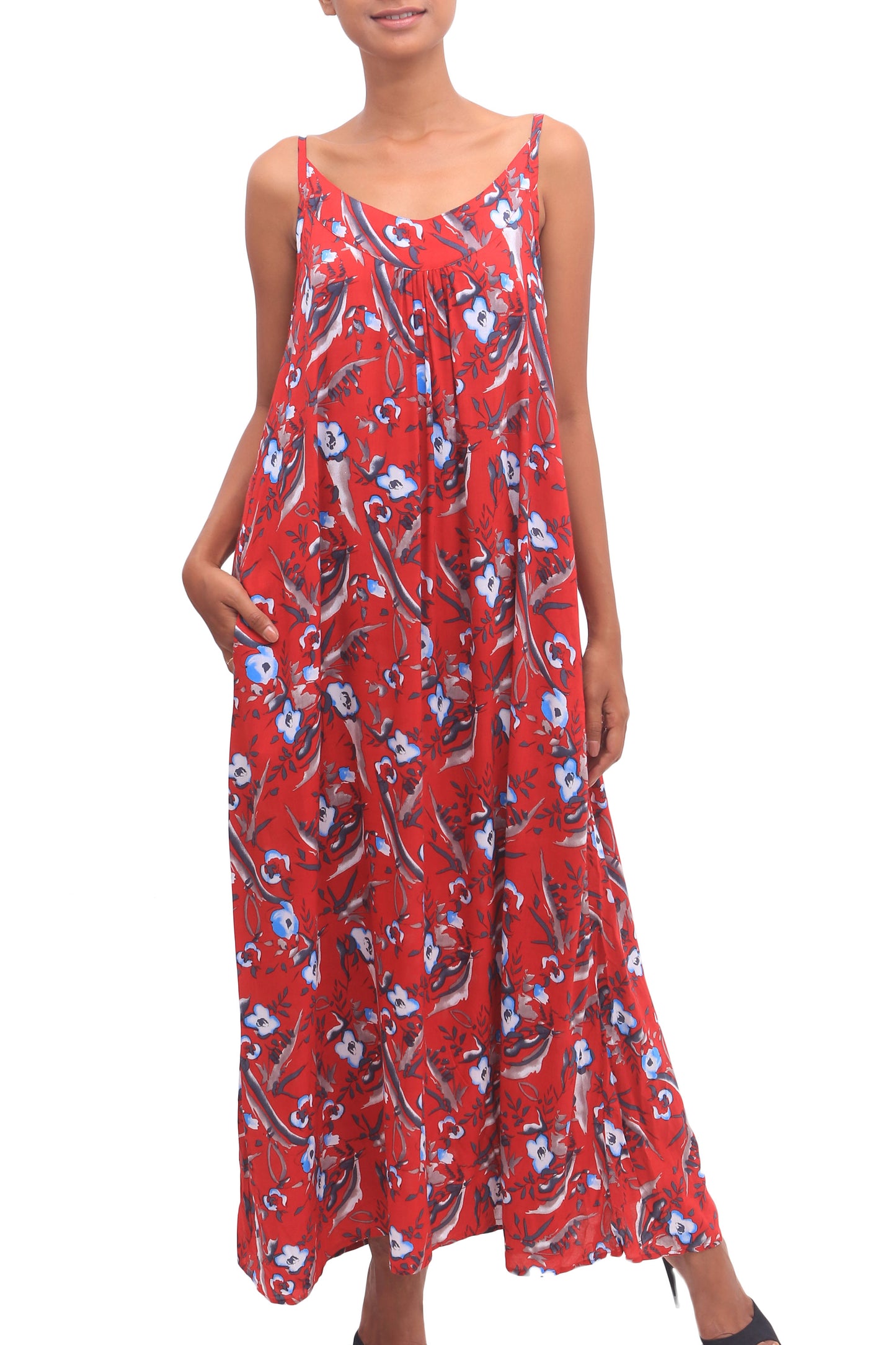 Strawberry Bouquet Floral Rayon Sundress in Strawberry from Bali