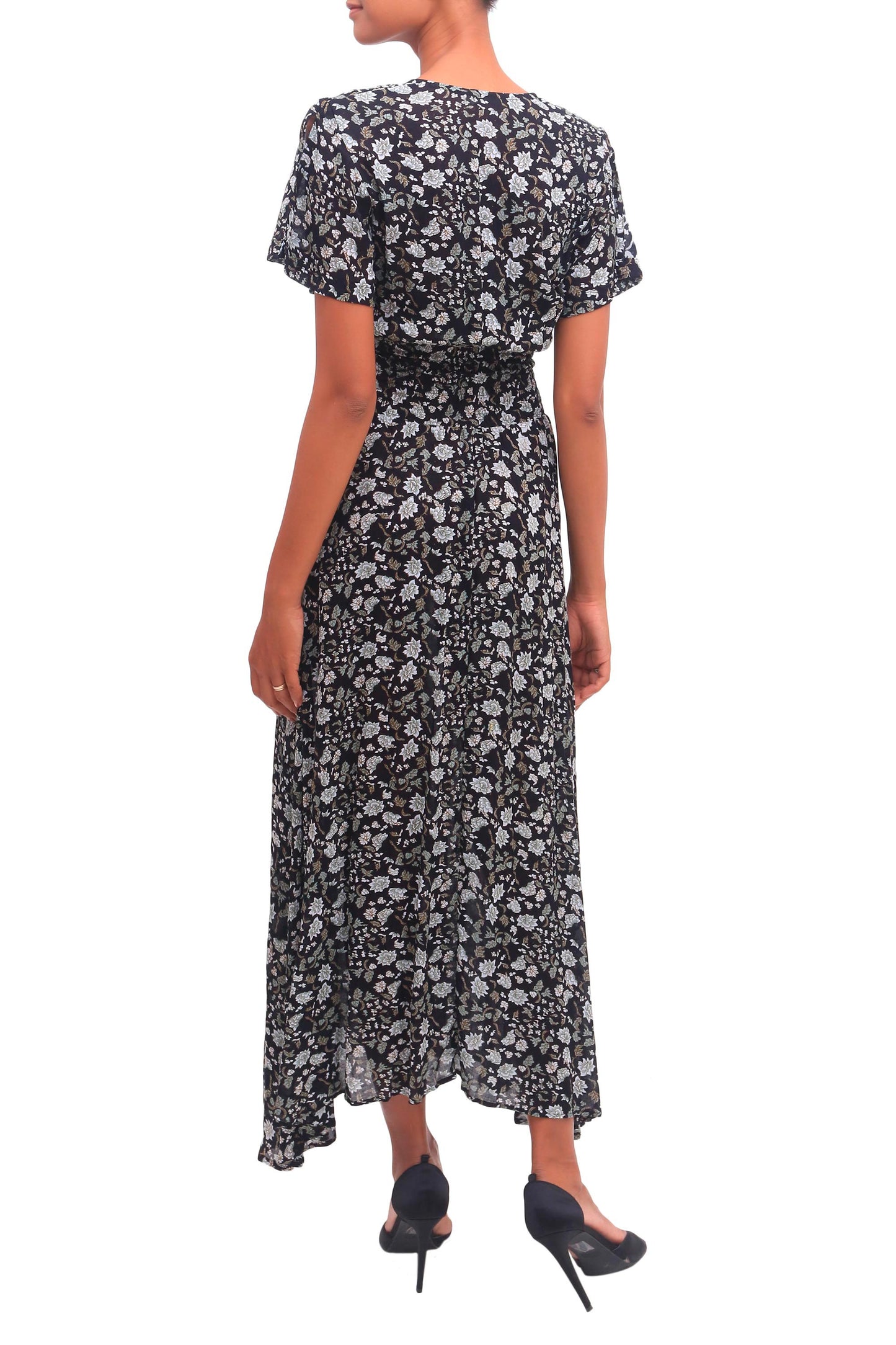 Bali Garden Short Sleeve White and Olive Floral on Black Rayon Dress