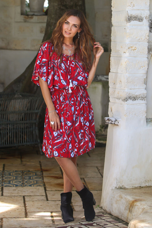 Strawberry Bouquet Floral Rayon Tunic-Style Dress in Strawberry from Bali