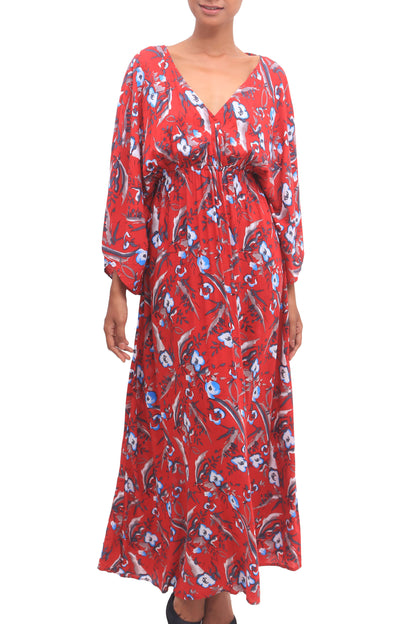 Strawberry Bouquet Floral Rayon Caftan in Strawberry from Bali