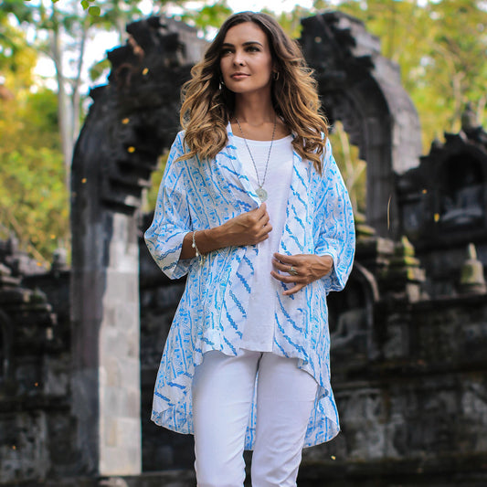 Azure Helix Printed Rayon Kimono in Azure from Bali