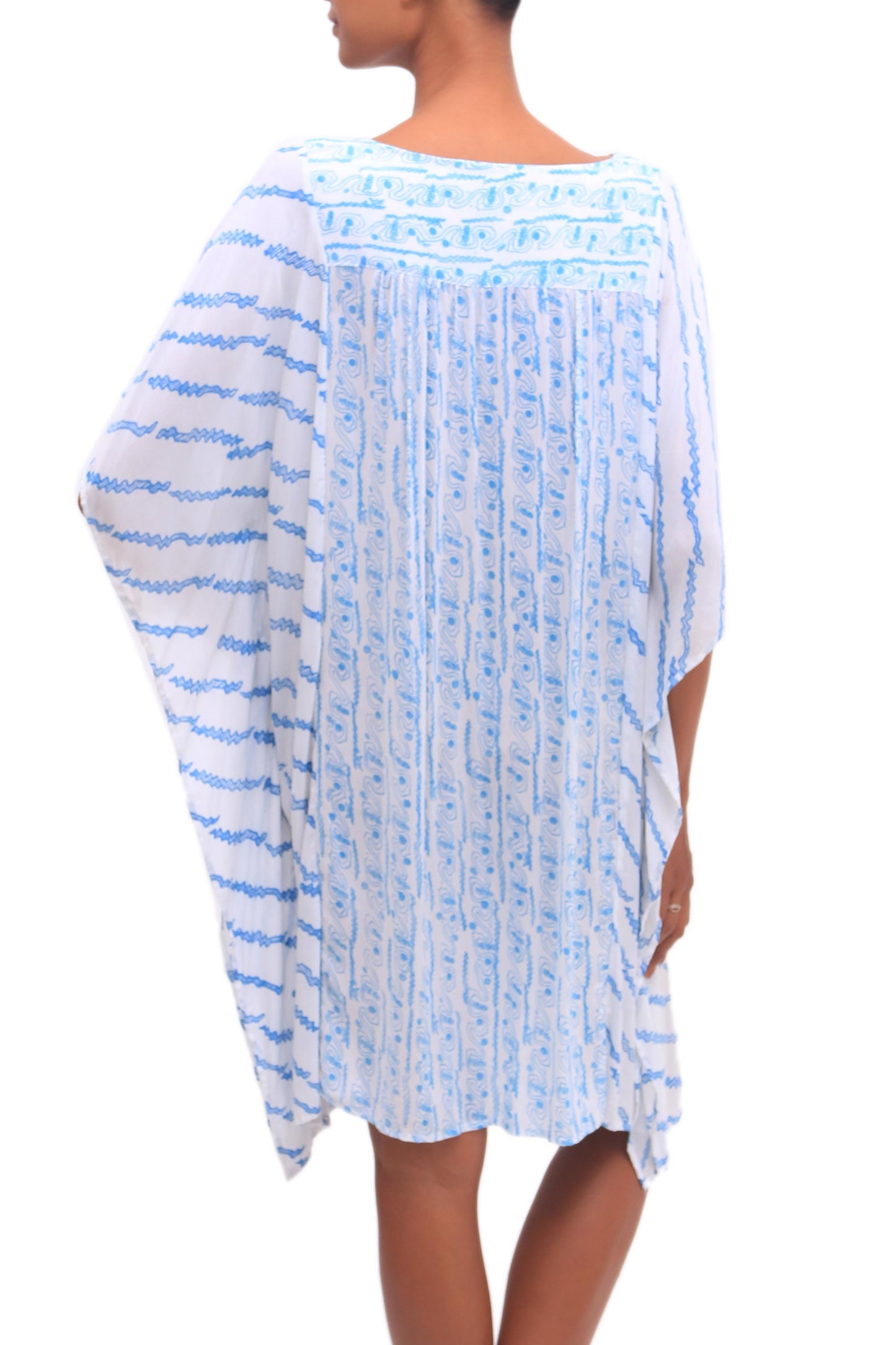 Azure Helix Helix Motif Rayon Short-Sleeve Tunic-Style Dress from Bali