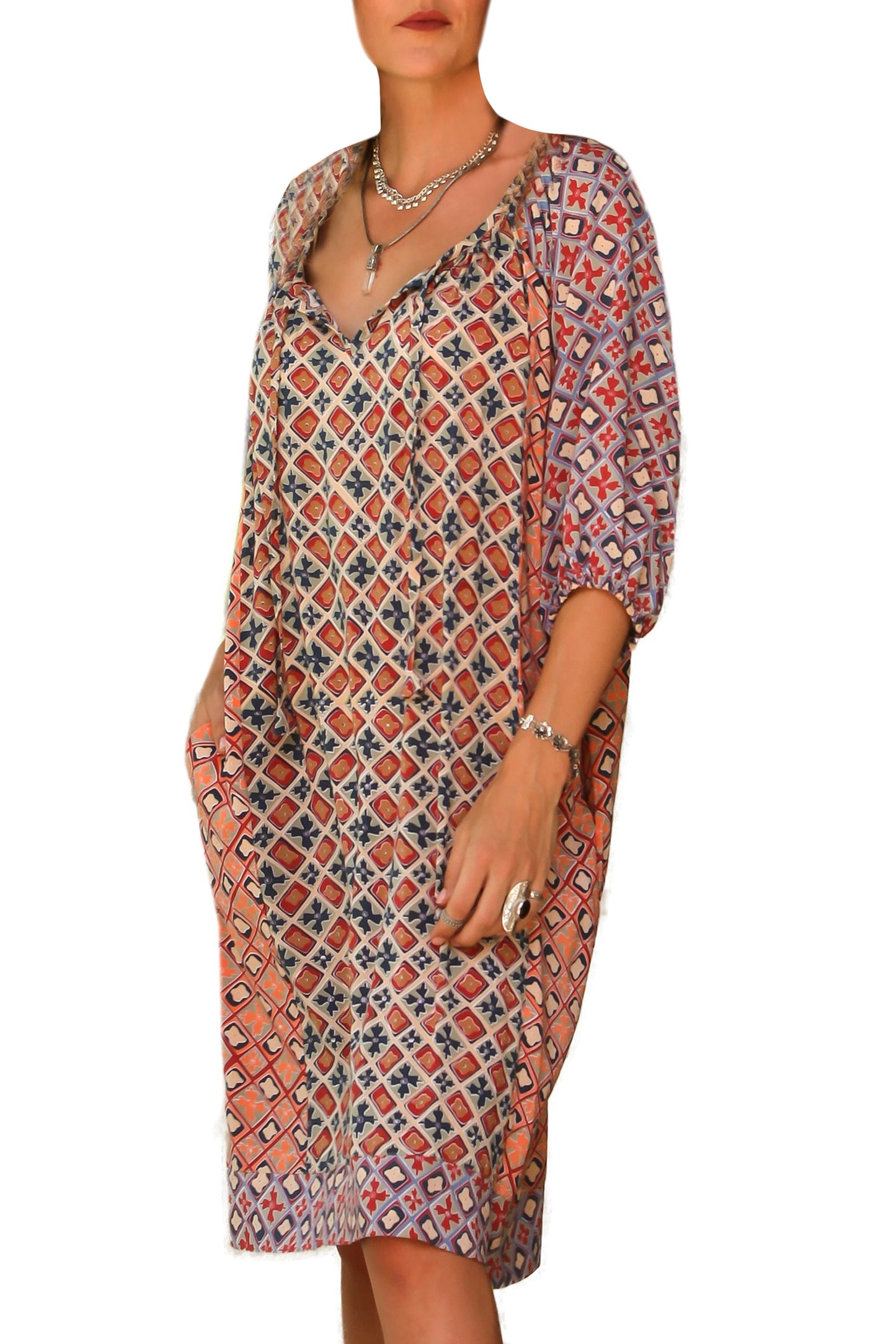 Kelud Crisscross Printed Rayon Tunic-Style Dress Crafted in Bali