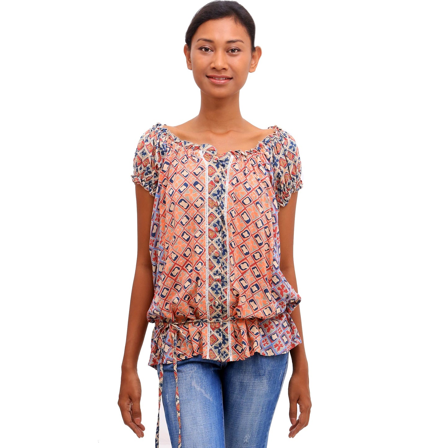 Kelud Crisscross Chili and Azure Rayon Off-The-Shoulder Blouse from Bali