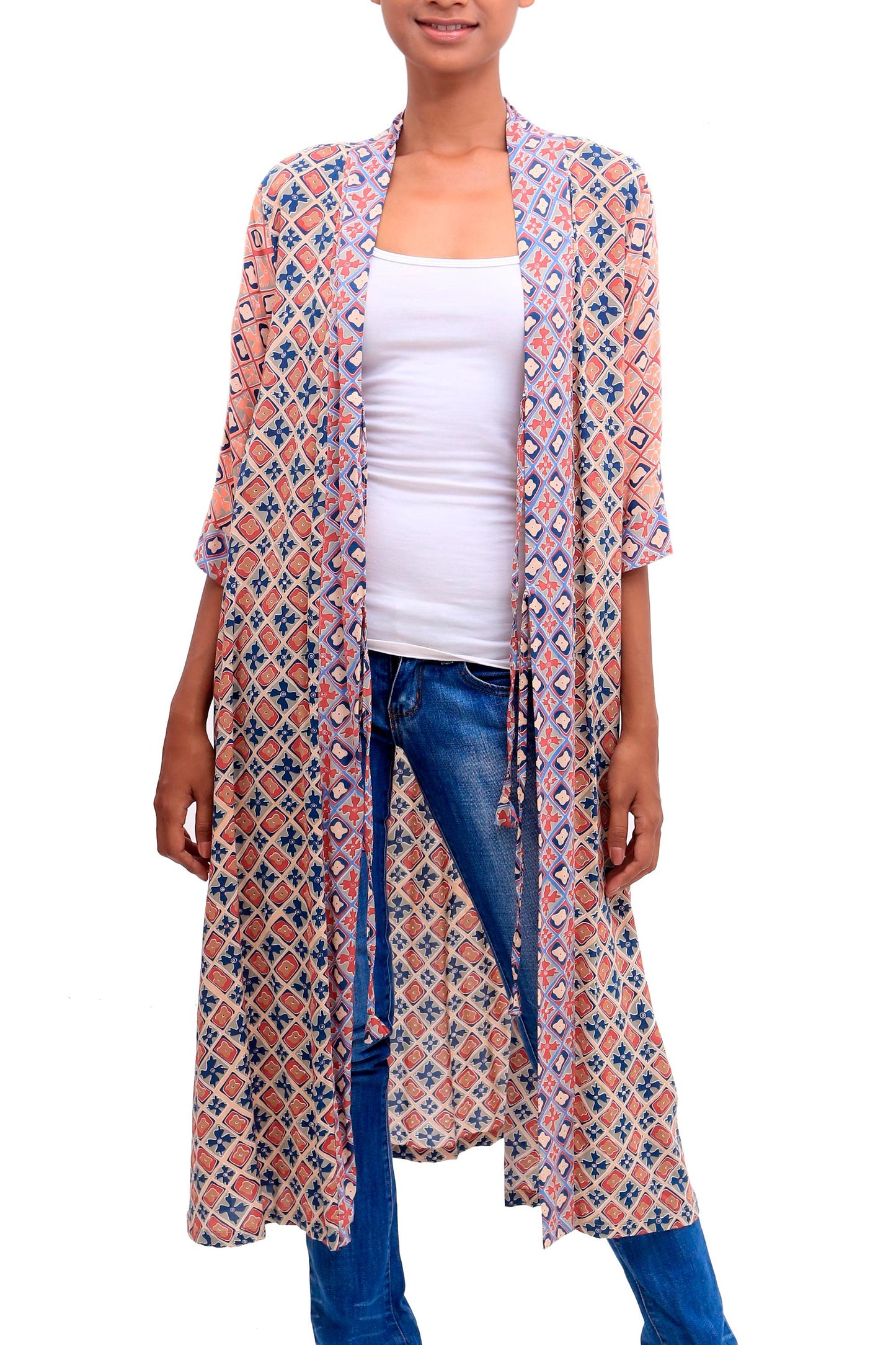 Kelud Crisscross Chili and Azure Printed Rayon Long Kimono from Bali