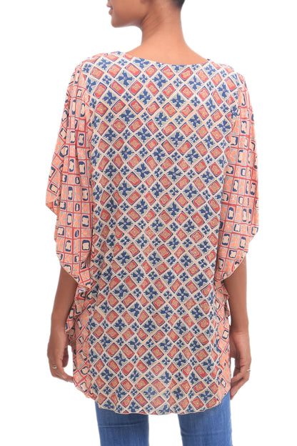 Kelud Crisscross Chili and Azure Printed Rayon Blouse from Bali