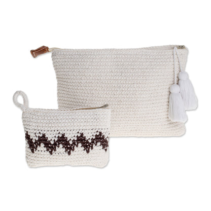 Zigzag Snow Hand-Crocheted Cotton Handbags with Black Zigzags (Pair)