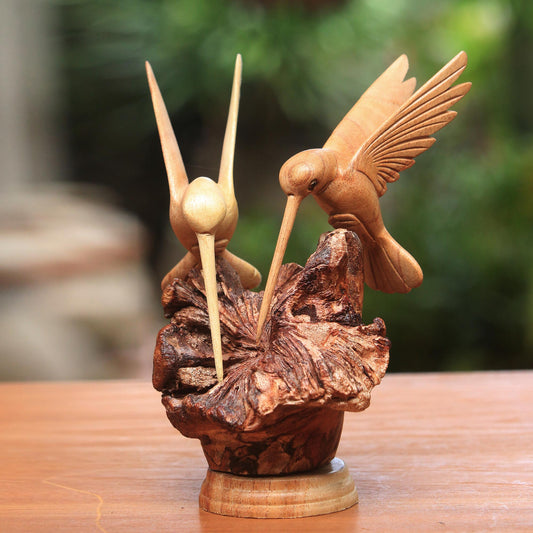 Hummingbird Couple Hand Carved Jempinis Wood Hummingbird Sculpture from Bali