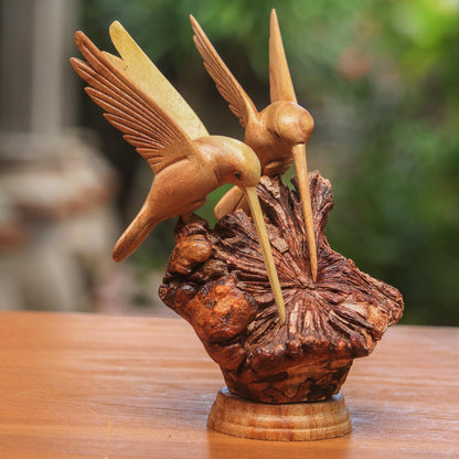 Hummingbird Couple Hand Carved Jempinis Wood Hummingbird Sculpture from Bali