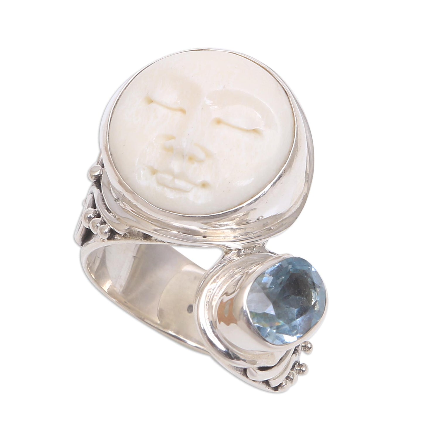 Sparkling Face Blue Topaz Silver Cow Bone Ring