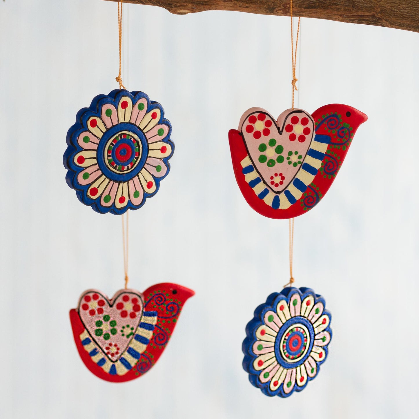 Doves and Flowers Hand-Painted Ceramic Dove and Flower Ornaments (Set of 4)