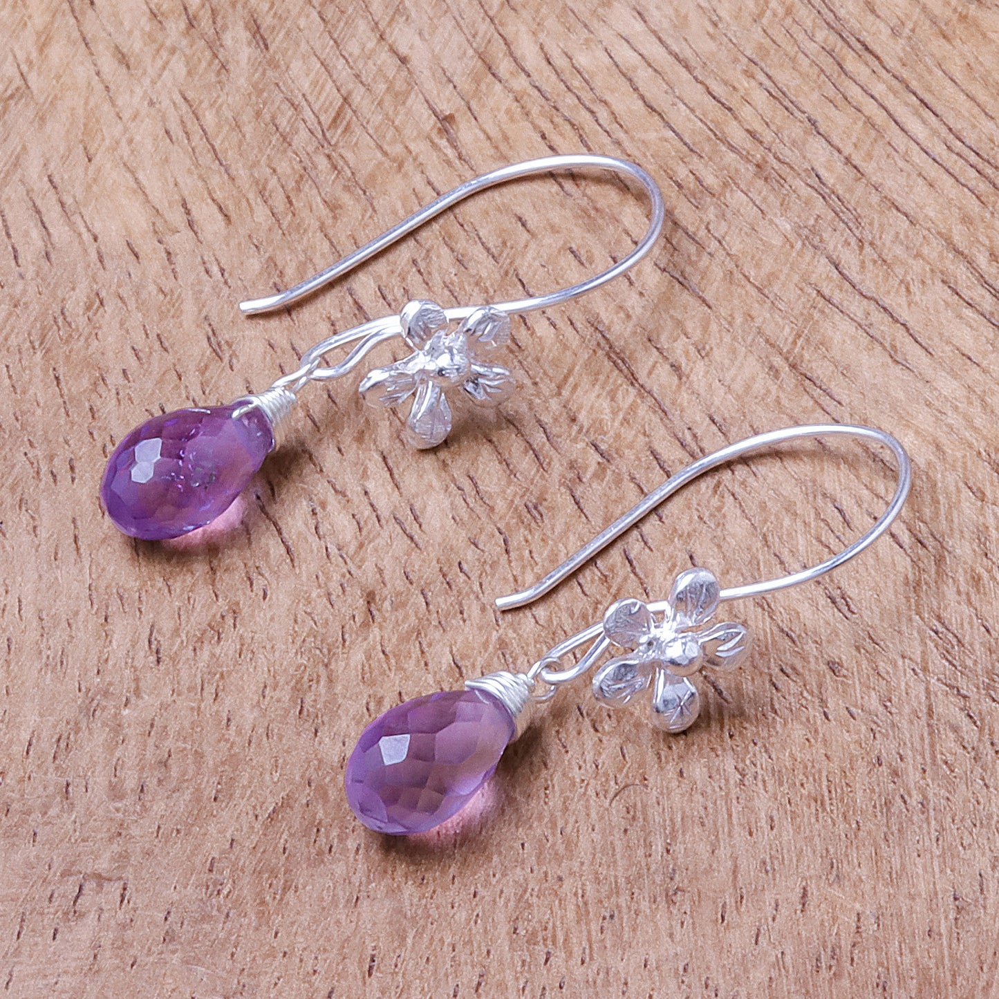 Daisy Glitter Floral Faceted Amethyst Dangle Earrings from Thailand