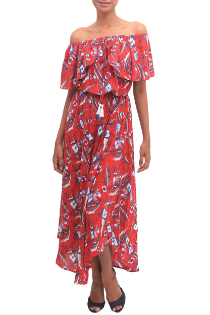 Bloom Cascade White and Light Blue Floral Print on Red Rayon Midi Dress