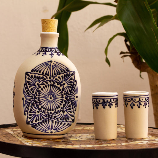 Traditional Spirit Beige Talavera Style Tequila Decanter and Glasses (Set of 3)