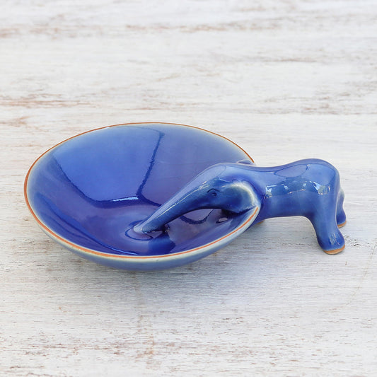 Sipping Elephant Blue Ceramic Incense Holder