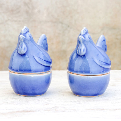 Hen Breakfast Blue Ceramic Hen Egg Cups from Thailand (Pair)