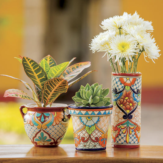 Sunlit Stroll Talavera Style Russet Rim Floral Ceramic Flowerpot Urn