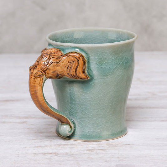 Elephant Handle in Green Celadon Ceramic Elephant Mug in Green from Thailand (10 oz.)