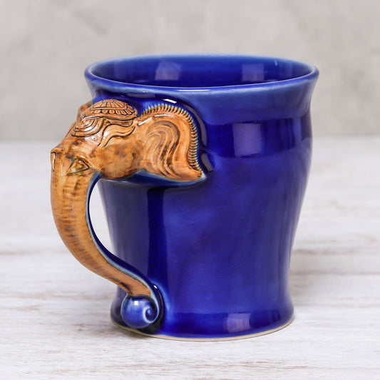 Elephant Handle in Blue Celadon Ceramic Elephant Mug in Blue from Thailand (10 oz.)