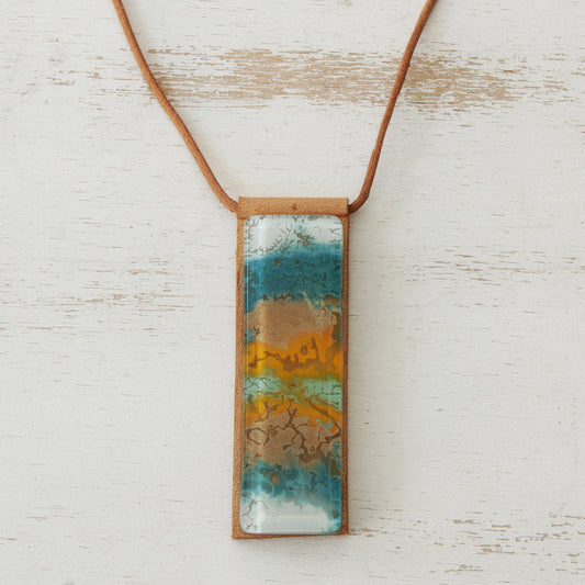 Earth Ocean Earth-Tone Glass and Leather Pendant Necklace from Brazil