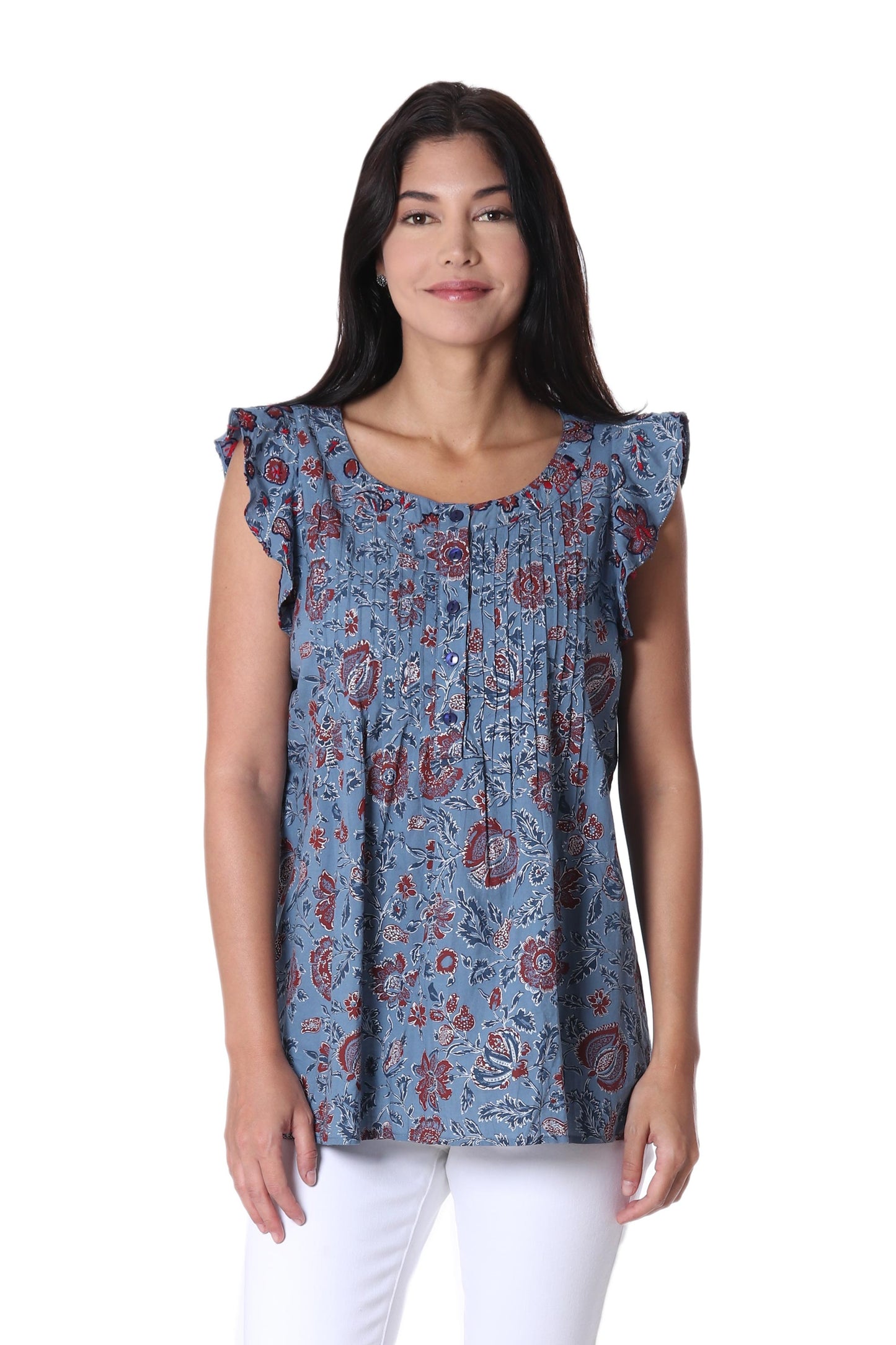 Garden Bliss Floral Printed Cotton Blouse in Cerulean from India
