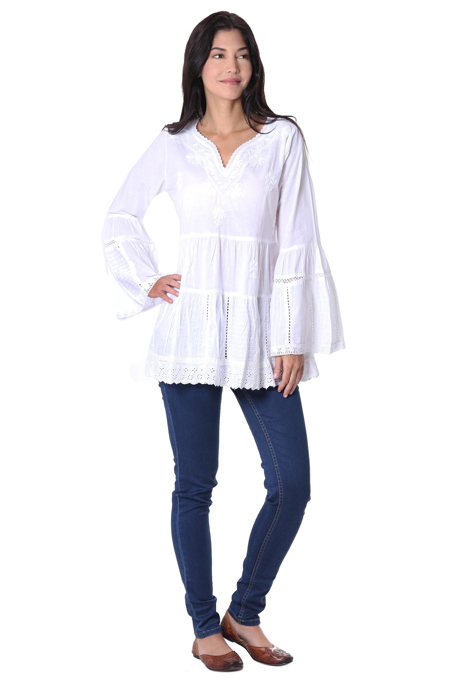 Floral White Floral Embroidered White Cotton Blouse from India
