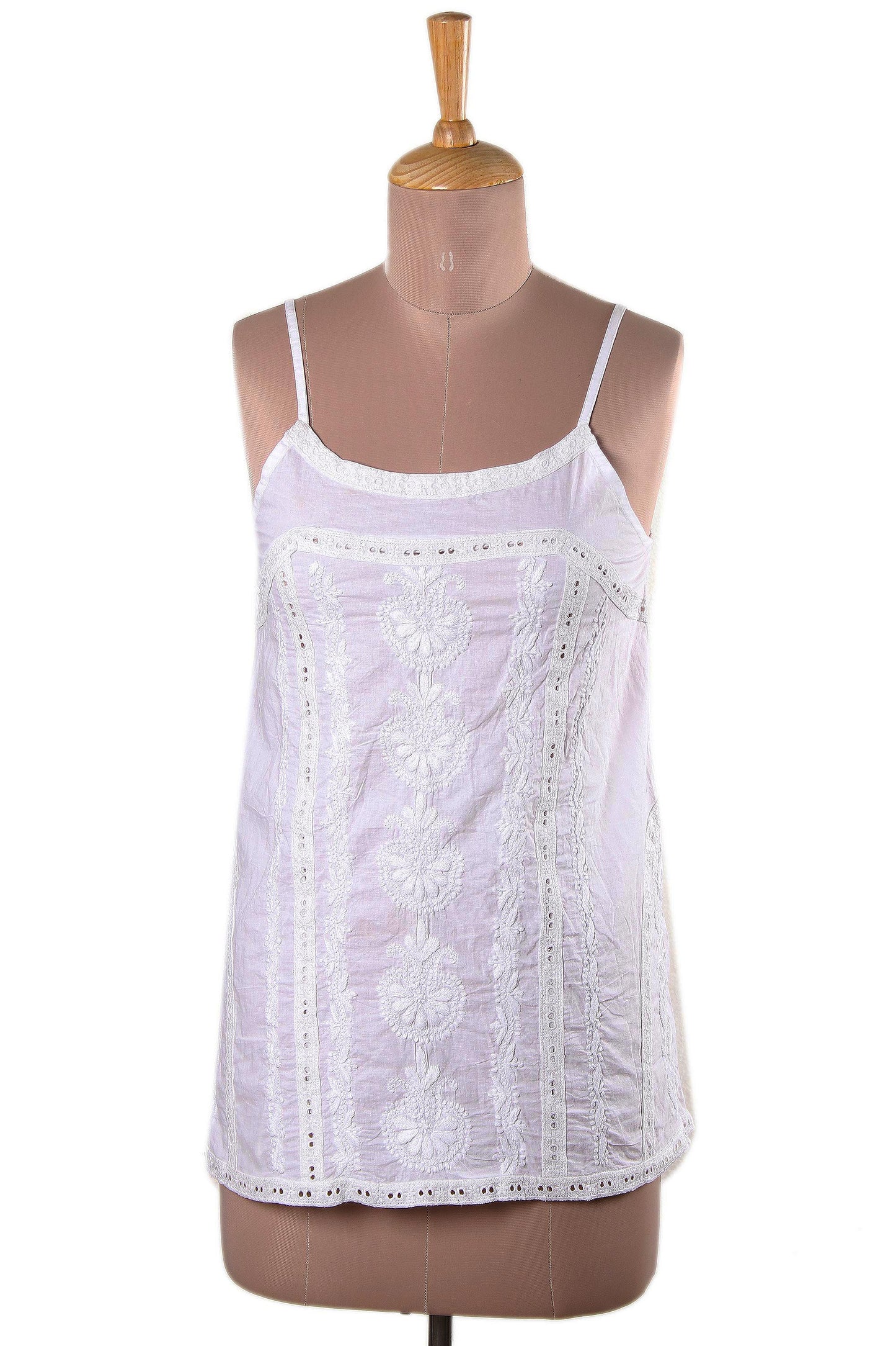 Beautiful Summer Floral Embroidered White Cotton Tank Top from India
