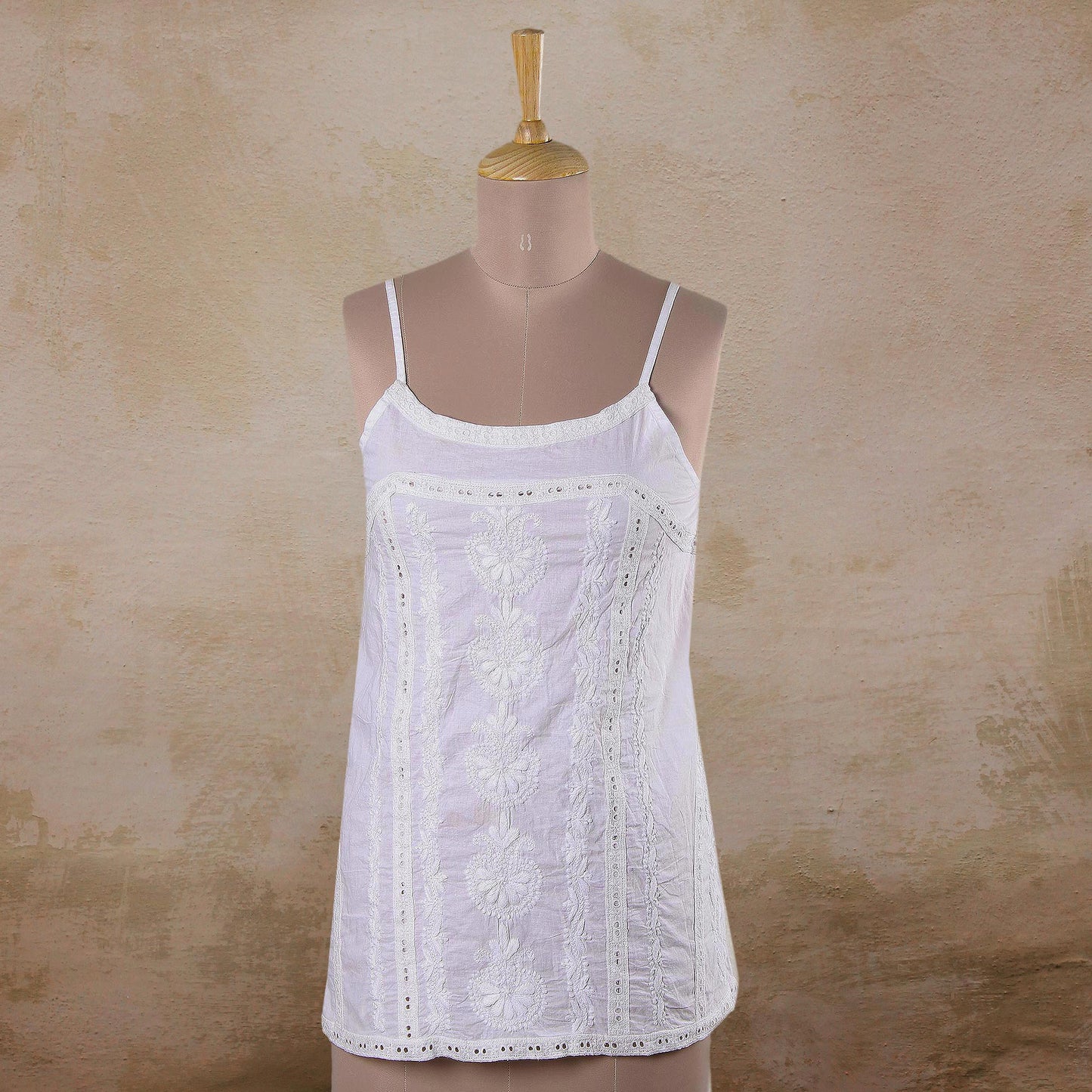 Beautiful Summer Floral Embroidered White Cotton Tank Top from India