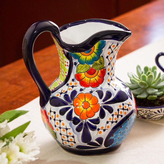 Raining Flowers Hand-Painted Talavera Style Ceramic Pitcher from Mexico