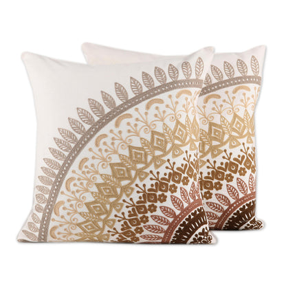 Divine Orchard in Brown Embroidered Cotton Cushion Covers in Brown from India (Pair)