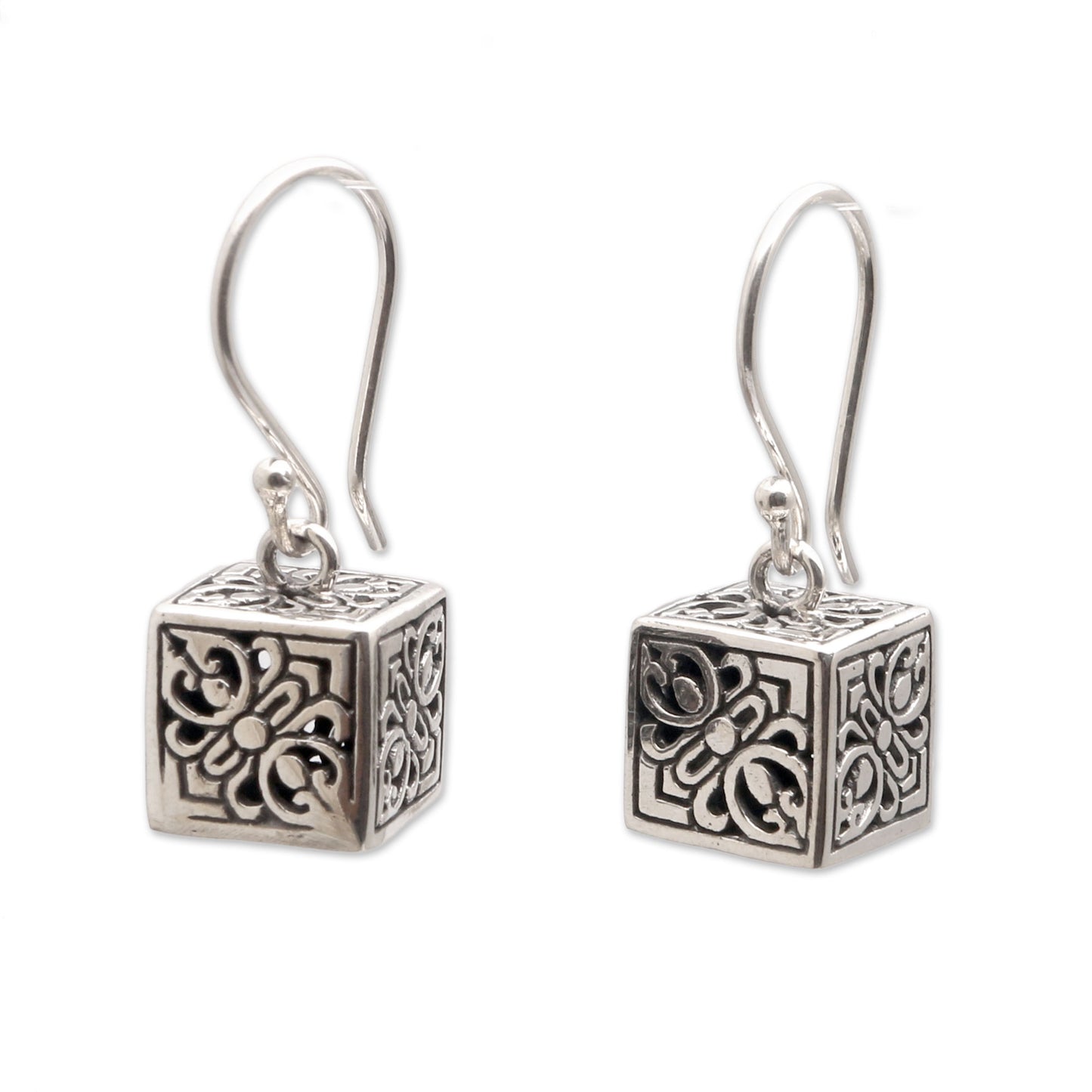 Elegant Dice Sterling Silver Cube Dangle Earrings from Bali