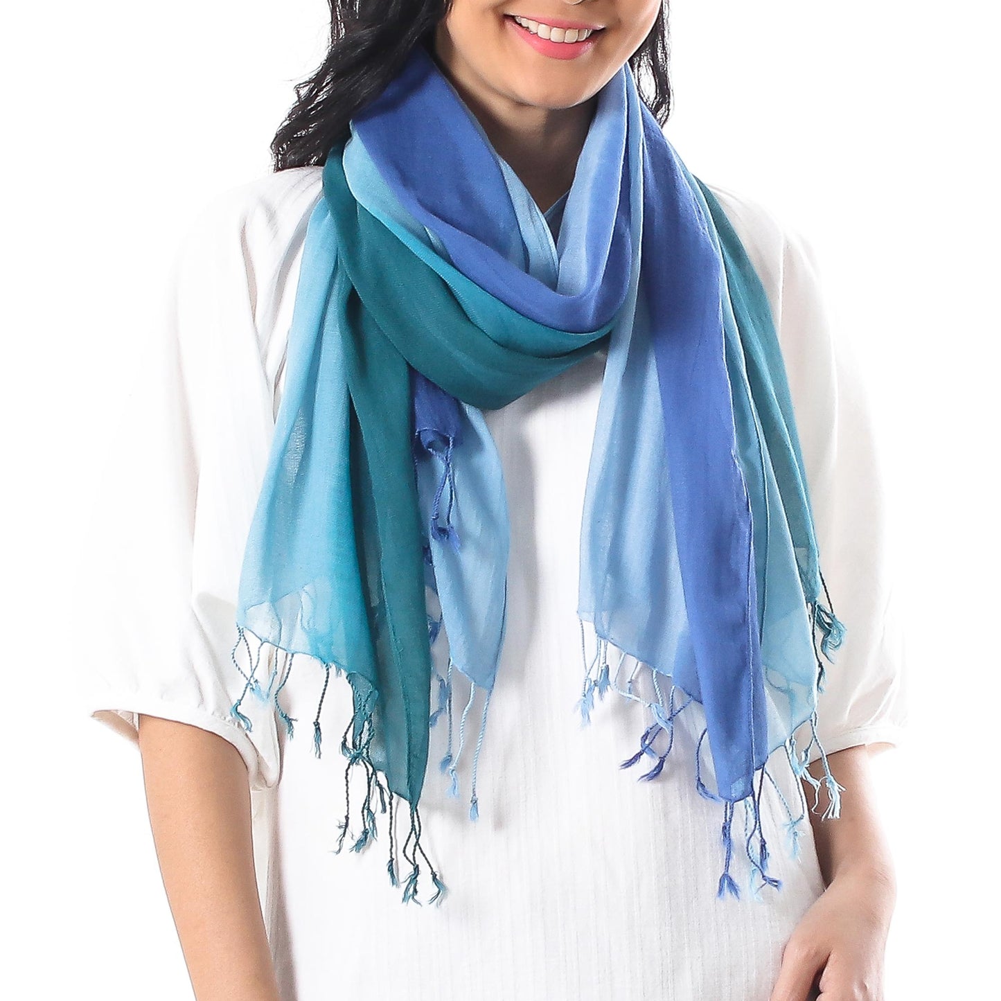 Delightful Breeze in Blue Cotton Wrap Scarves in Blue from Thailand (Pair)