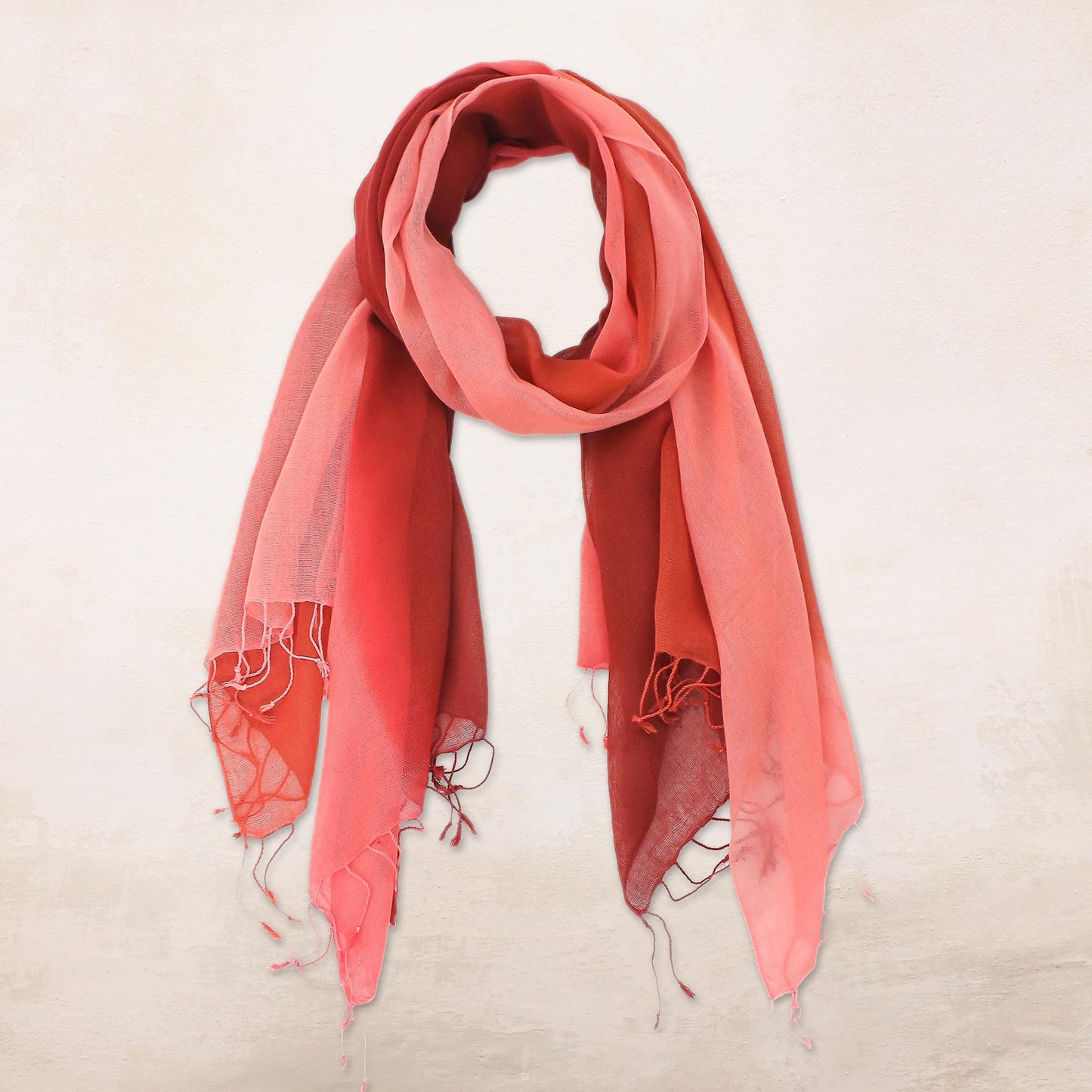 Delightful Breeze in Red Cotton Wrap Scarves in Red Pink and Orange (Pair)