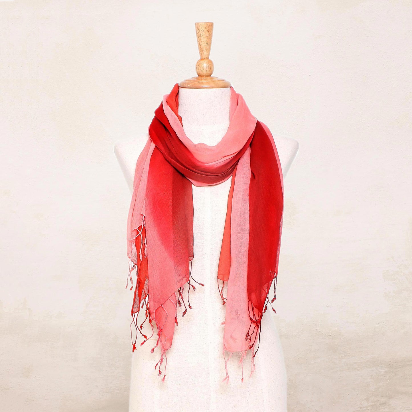 Delightful Breeze in Red Cotton Wrap Scarves in Red Pink and Orange (Pair)