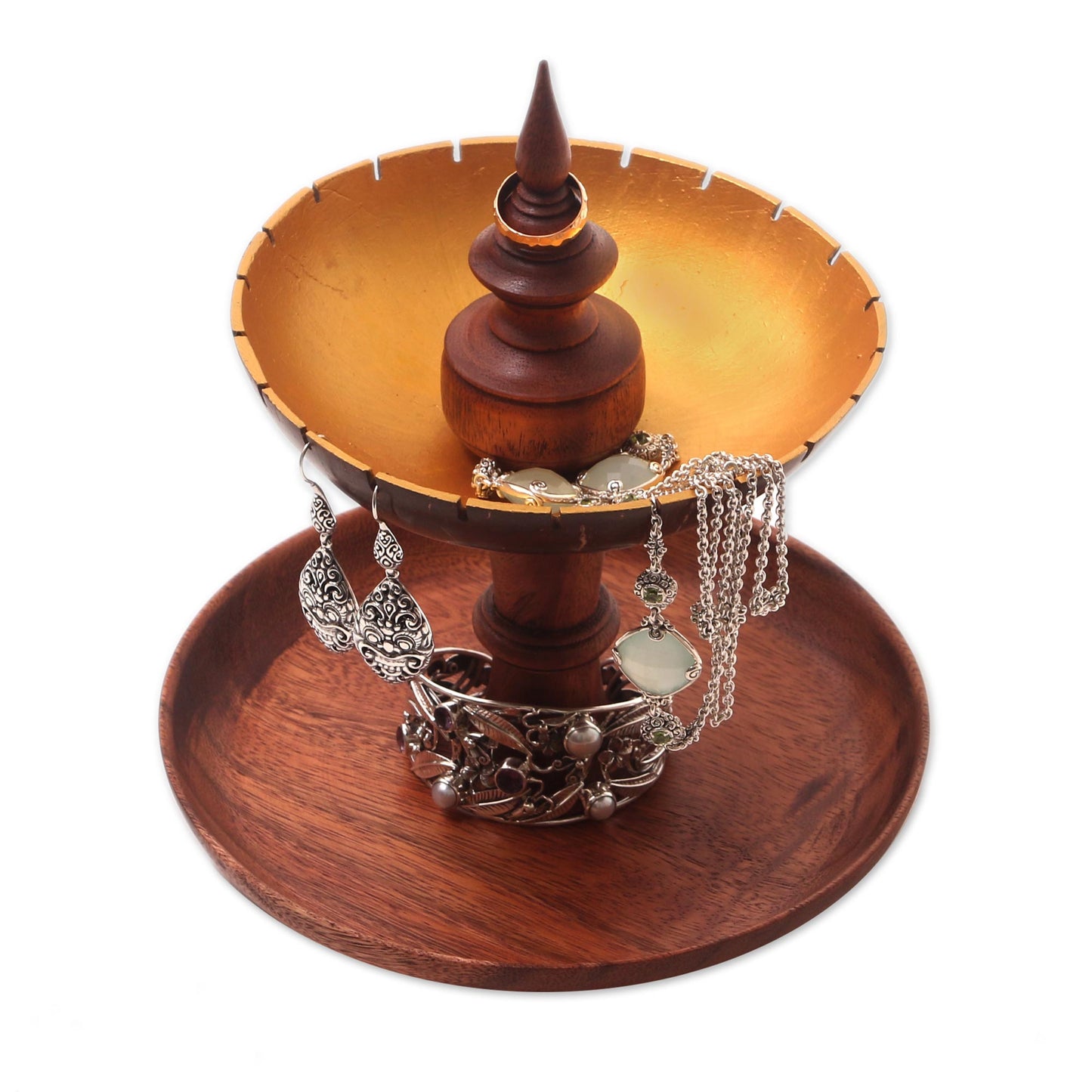 Golden Fountain Suar Wood and Coconut Shell Jewelry Stand from Bali