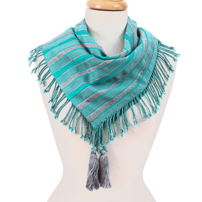 Sweet Stripes in Turquoise Handwoven Cotton Scarf in Turquoise and Smoke from Mexico