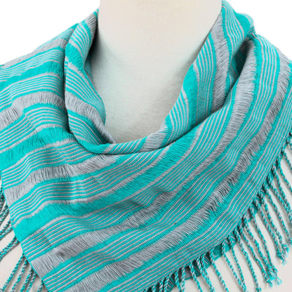 Sweet Stripes in Turquoise Handwoven Cotton Scarf in Turquoise and Smoke from Mexico