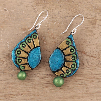 Feather Droplet Hand-Painted Droplet Ceramic Dangle Earrings from India