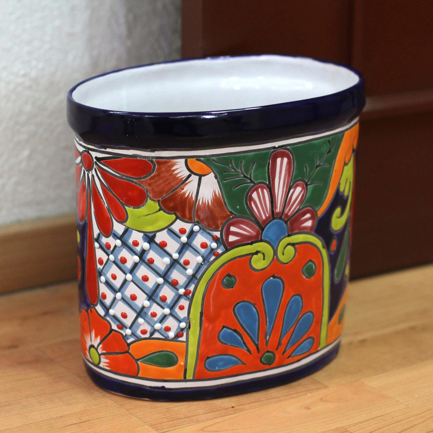 Talavera Collector Floral Talavera-Style Ceramic Waste Bin from Mexico