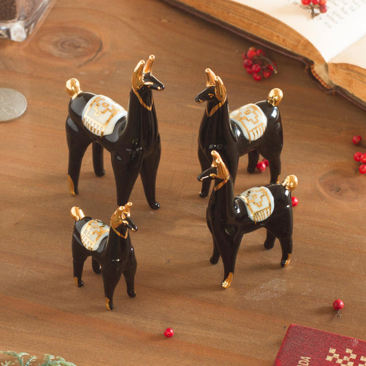 Black Llamas of the Andes Set of 4 Black Glass Llama Figurines with Gilded Accents
